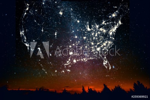 Picture of Forest sunset landscape with projection of USA map in the form of stars of the constellations of city lights Travel United States of America concept Elements of this image furnished by NASA